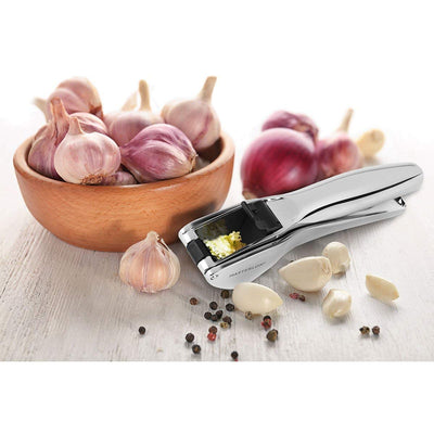 MasterLon Chrome Plated Garlic Press with Easy Flip Lever, 8", 20cm